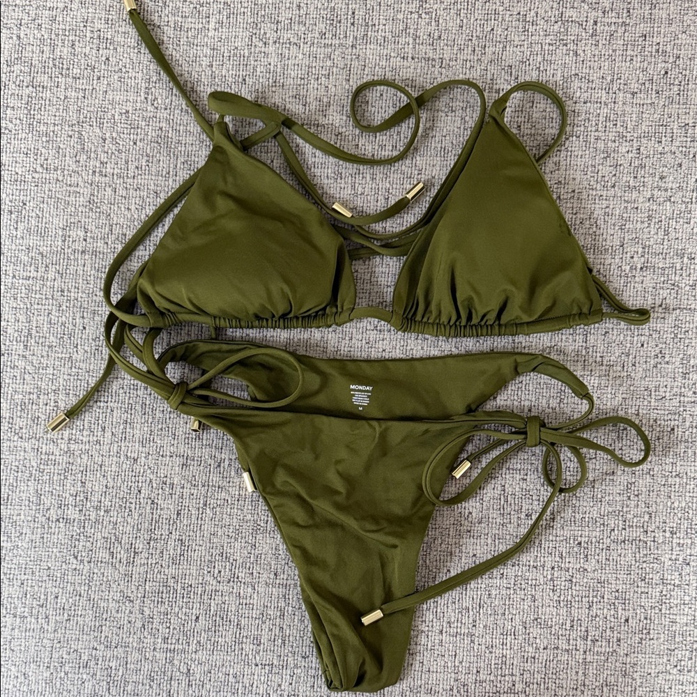 Olive Green Triangle Tie Bikini — Women Swim Bikinis